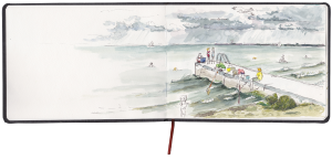 Aquarellskizze eines Stegs auf Fehmran, auf dem Kinder spielen.