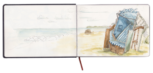 Skizze eines windzerfetzten Strandkorbs an einem Strand auf Fehmarn