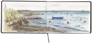 Skizze einer Bucht auf Fehmarn voller Algen am Strand und Bojen im Wasser