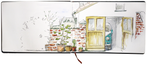 Ein Aquarellbild mit einem VW Bulli in einer Garage