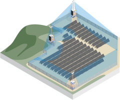 Isometrische Zeichnung eines videoüberwachten Solarparks